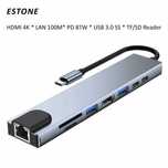 USB Type-C Хаб 8 в 1 [HDMI 4K, LAN 100М, PD 87W, USB 3.0 SS, TF/SD]
