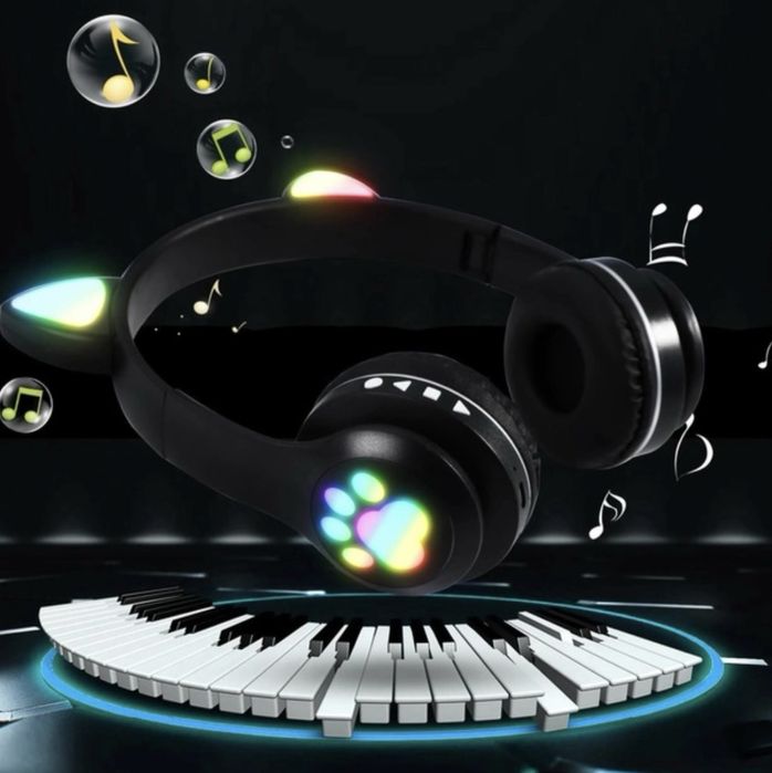 Бездротові навушники Cat VZV 23M з котячими вушками та RGB, чорні,Топ)