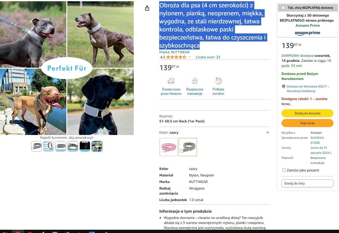 Obroża czarna dla dużego psa, odblaskowa.
