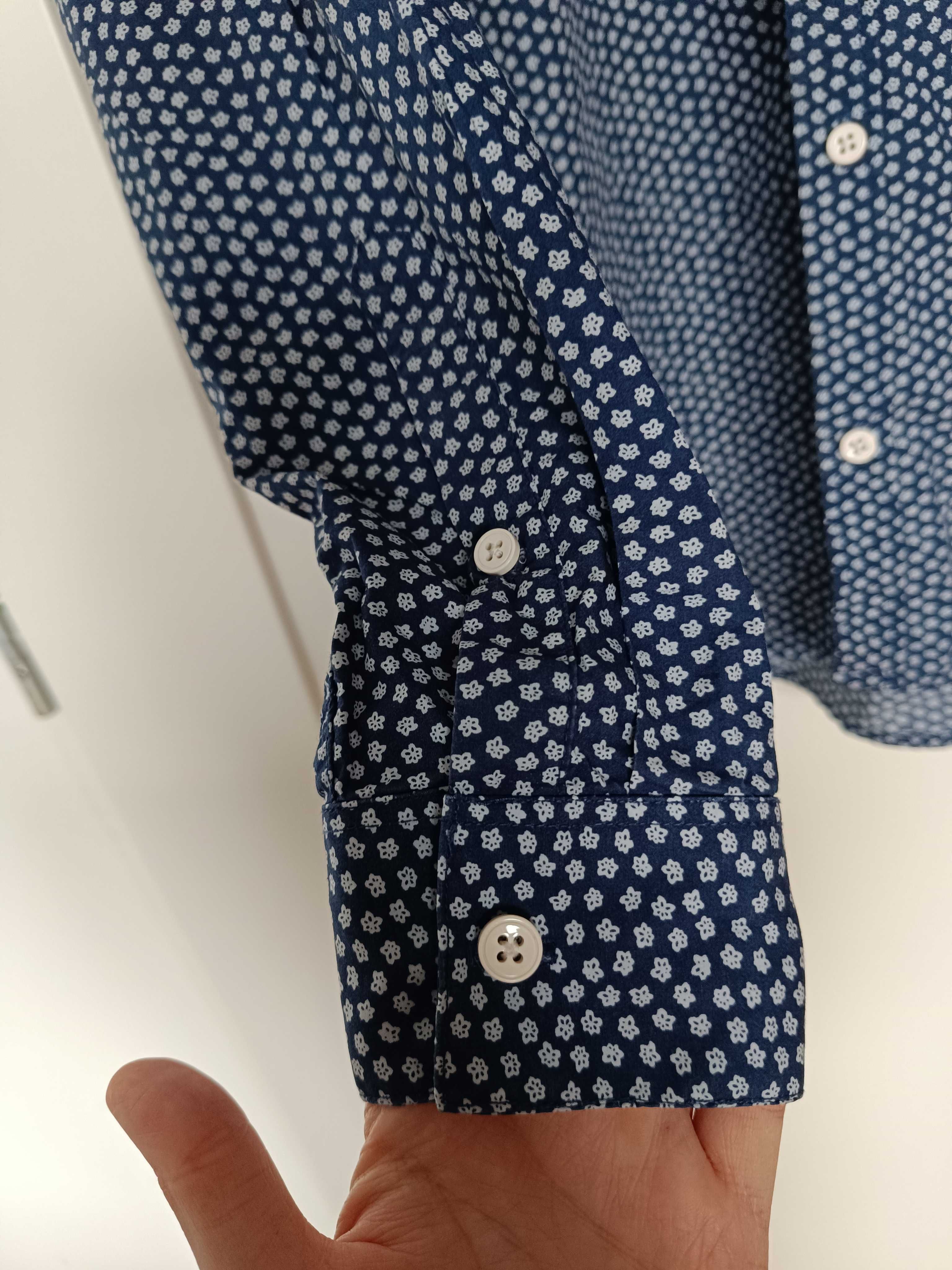 Granatowa koszula męska w białe kwiatuszki H&M slim fit M