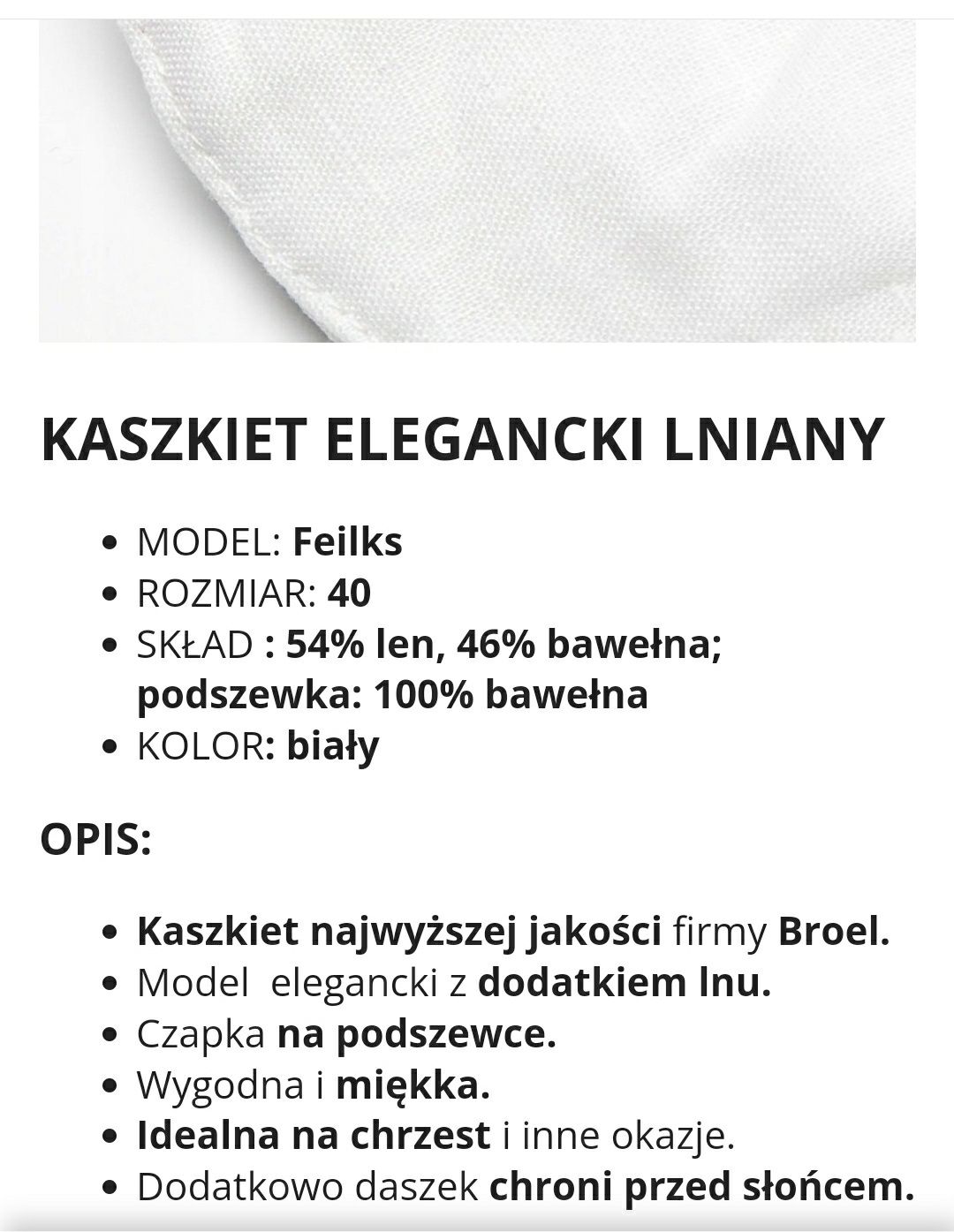 Elegancki kaszkiet/czapka do chrztu/na chrzest/biała/broel/len/r.40