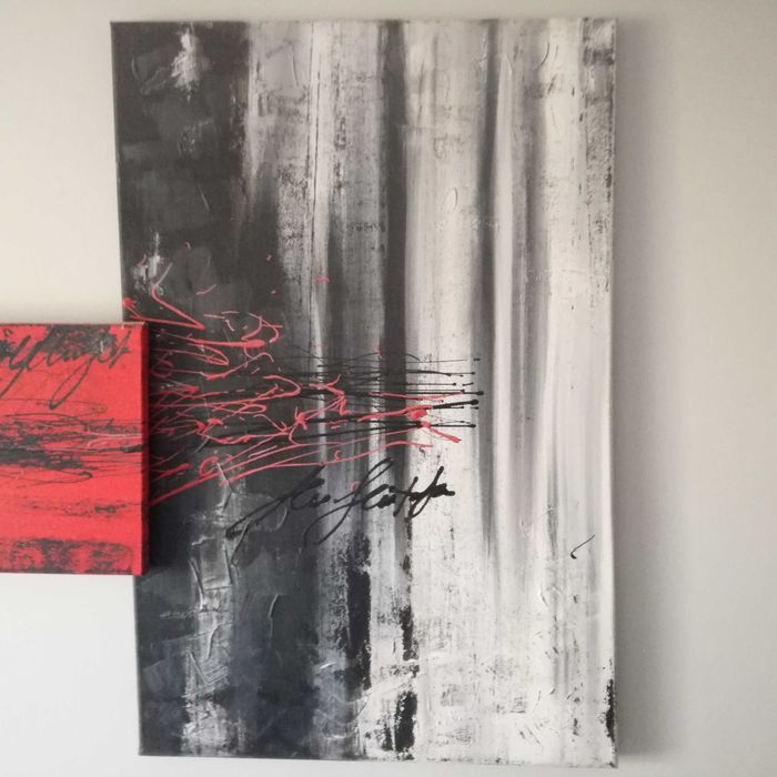 Obraz tryptyk abstrakcja nowoczesny szary czerwony olejny