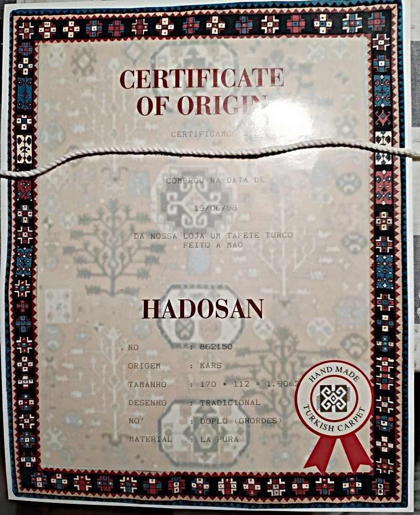 Tapete turco HADOSAN feito à mão (1.12m x 1,70 ) – com certificado