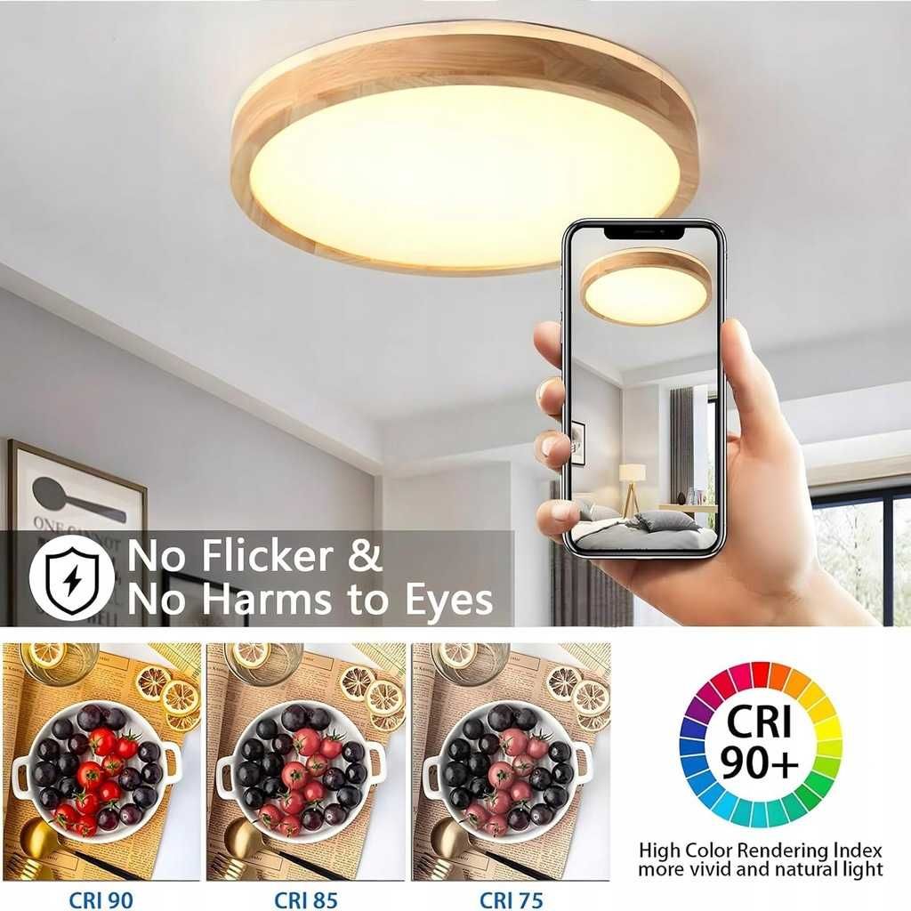 YYUTLUO lampa LED Ø50 cm – okrągła, drewniana, ściemniana pilotem, 36W