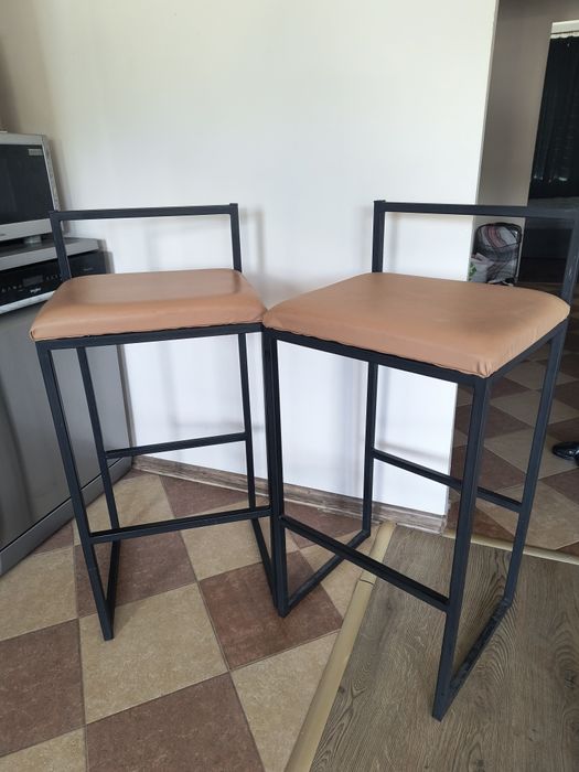 Hokery barowe metalowe 2szt loft czarne, miodowa ekoskora