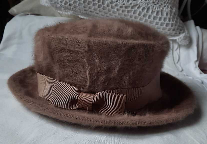 Kangol Cudo j.Nowy Angora 45% wełniany beż kawowy kapelusz 55 58