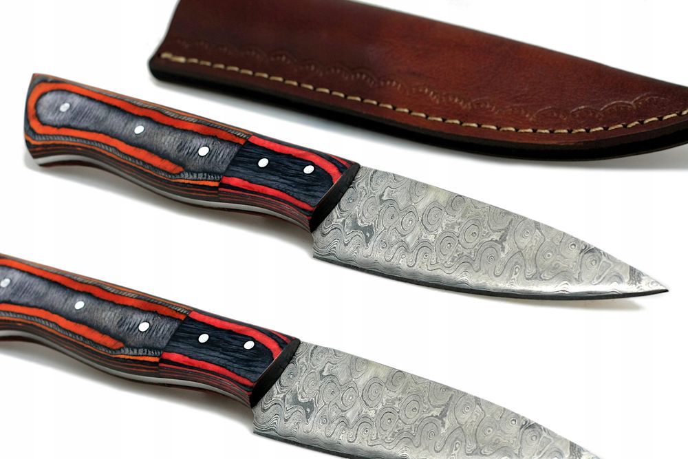Nóż ręcznie wykonany bushcraft survival stal damasceńska skórzane etui