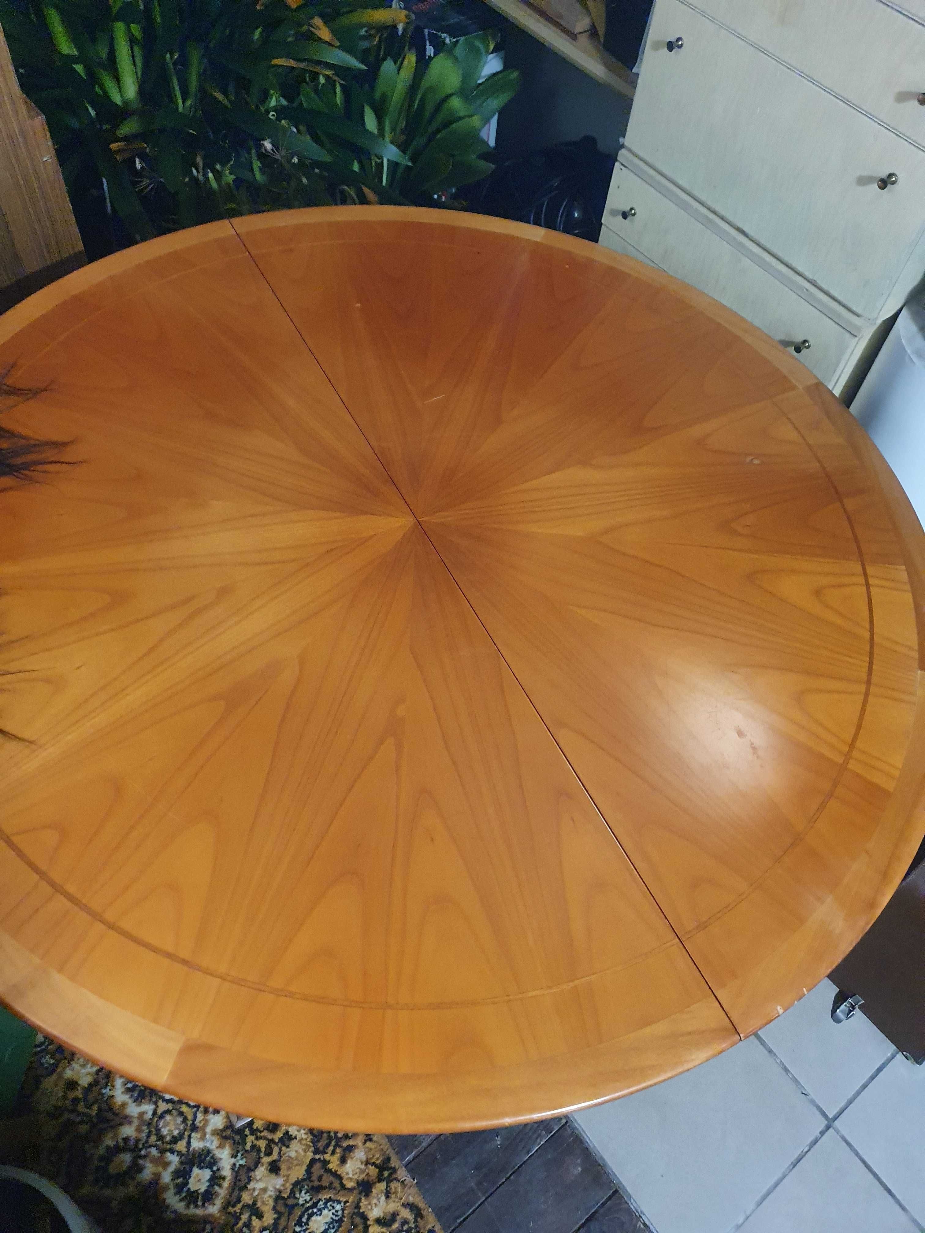 Stół okrągły rozkładany, ozdobny (intarsja?)piękny. 117 cm+ wkładka 47