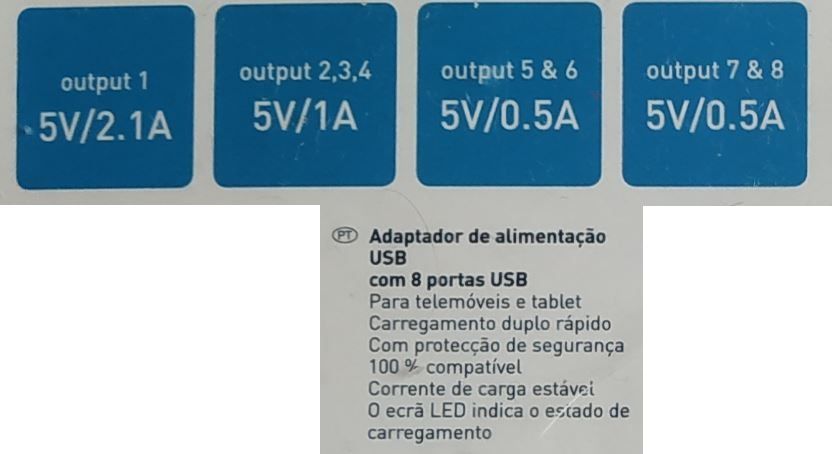 GRUNDIG carregador c/ 8 portas usb 5V 0.5A 1A 2.1A