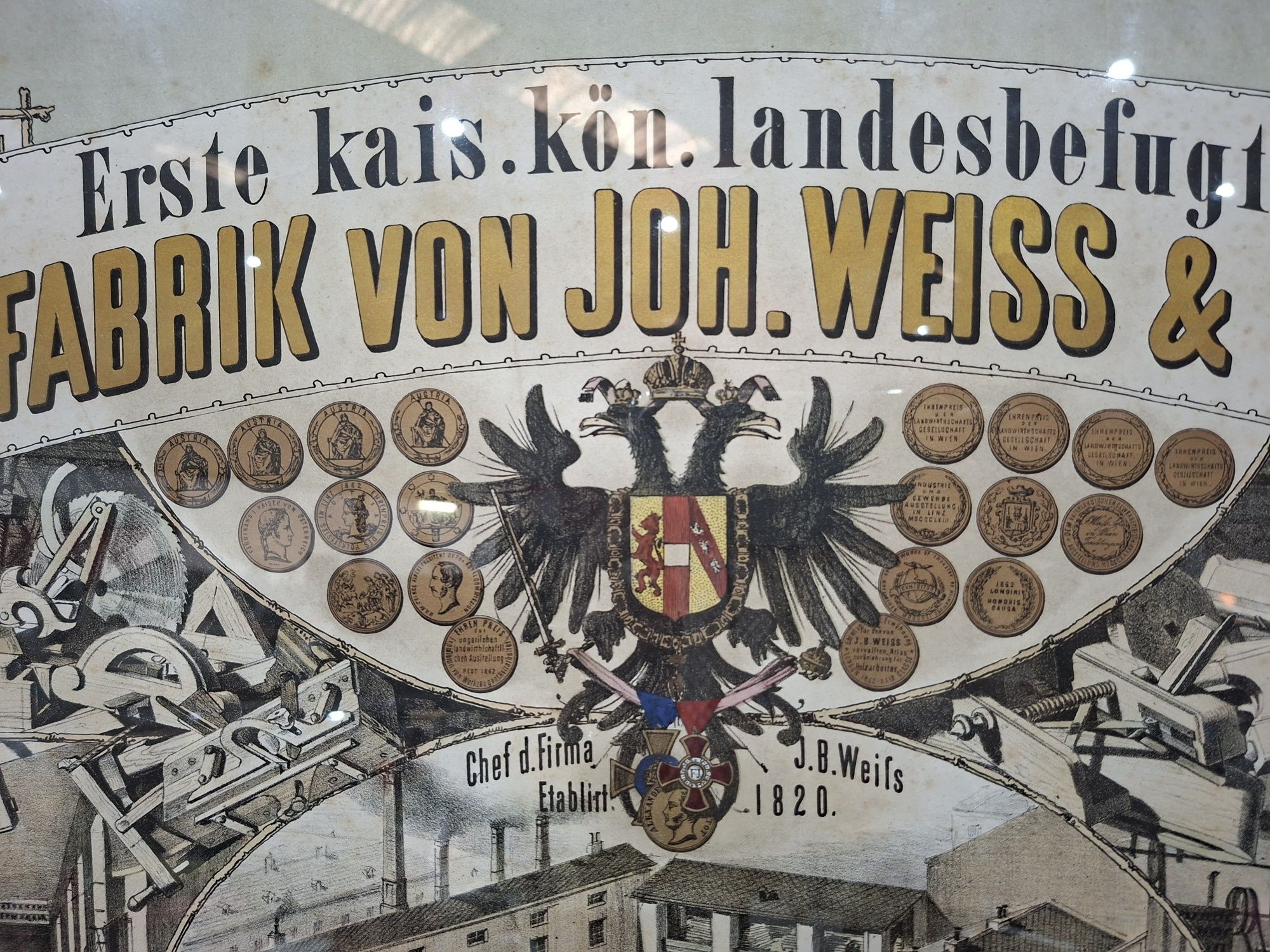 Lithografia antiga de fábrica de ferramentas em Viena - C. 1890