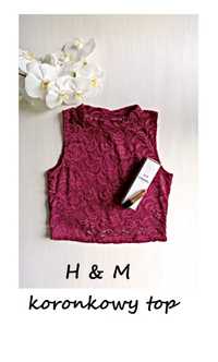 Bordowy koronkowy top H&M S-M