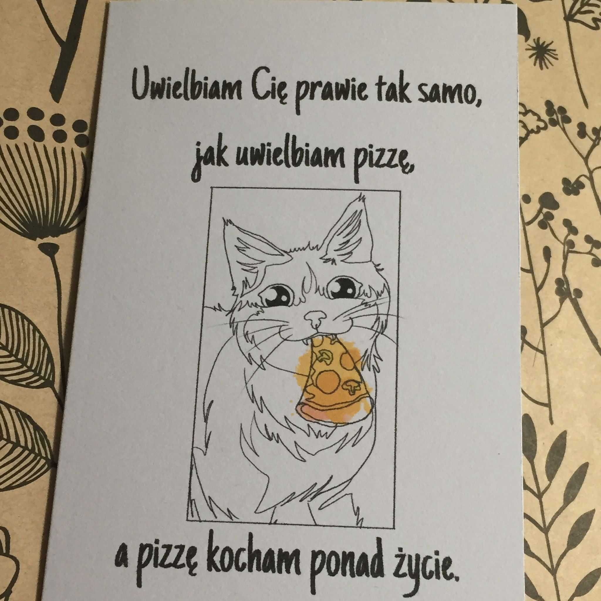 Kartka okolicznościowa urodzinowa na prezent kot i pizza