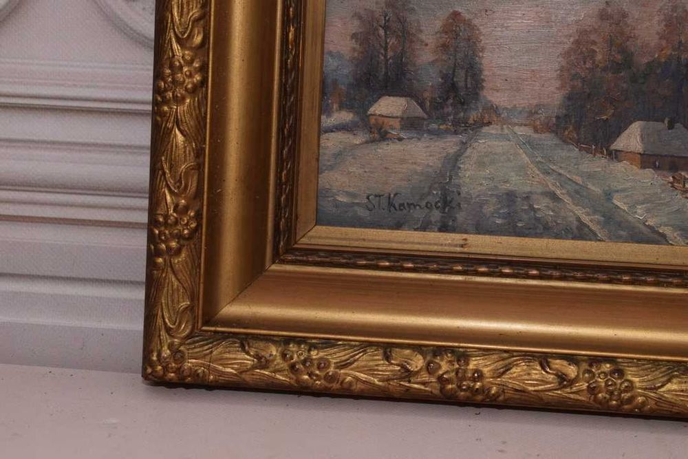 ST Kamocki - Pejzaż Polskiej Wsi Wiejska Chata - Stary Obraz na Drewni