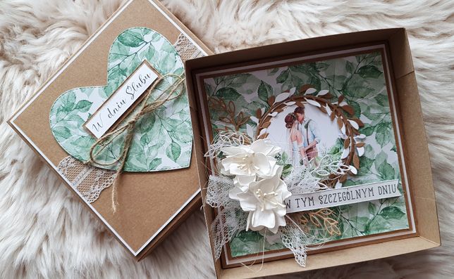 Wyjątkowa kartka 3D w pudełku ŚLUB wesele rustykalna boho eko kwiaty