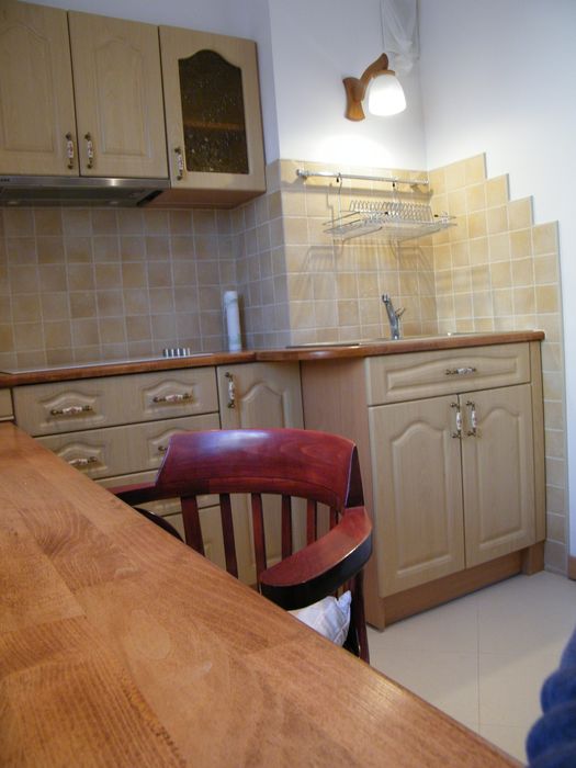 Kuchnia na wymiar z drewnianym blatem i okapem