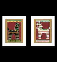 Komplet 2 Plakatów, Biały i Czarny Koń w Egzotycznym Stylu, Jamini Roy