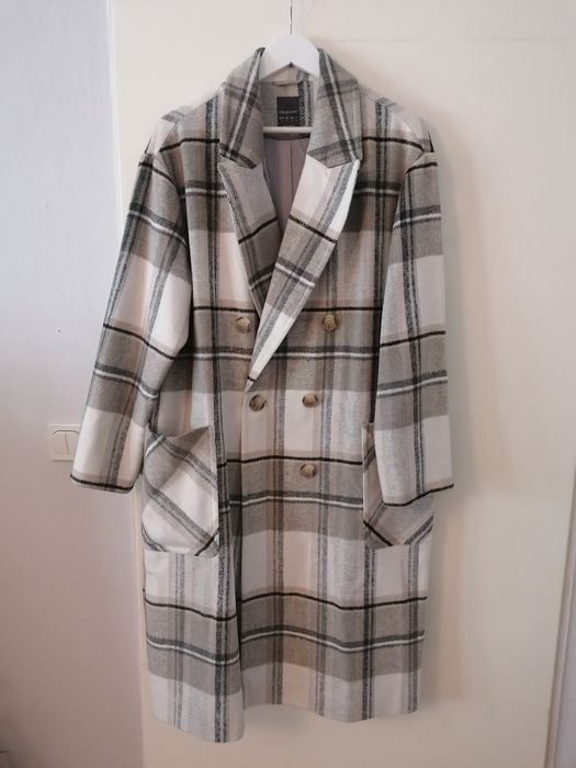 Długi beżowy wełniany płaszcz Primark 42 XL w kratę zapinany kieszenie