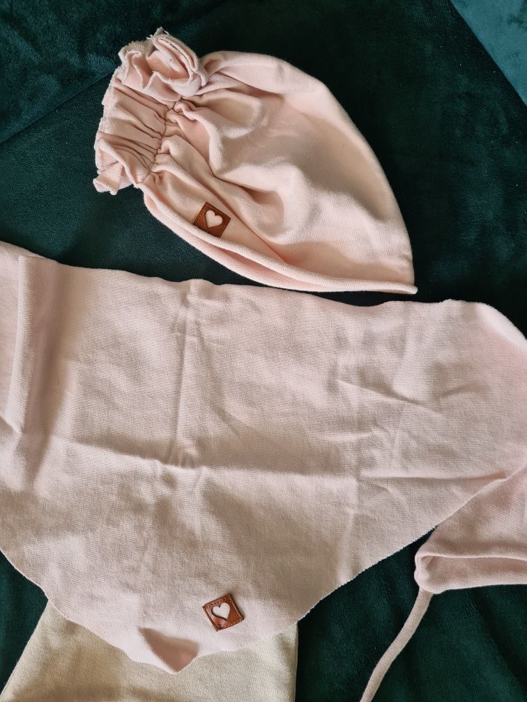 Czapeczki dla noworodka niemowlaka turban uszka różowe szalik 0-6 mies