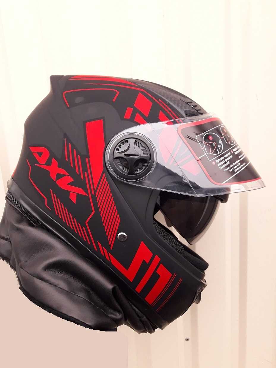 Шлем интеграл красный AXK матовый с воротником и очками