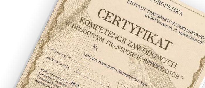 Certyfikat Kompetencji Zawodowych Transport Rzeczy / Osób