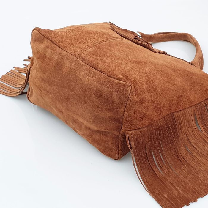 VERA PELLE torebka damska zamszowa shopper z frędzlami V460 c.brązowa