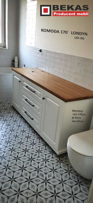 Komplet Łazienka KOMODA Londyn + Lustro Biała Blat Dąb Producent BEKAS