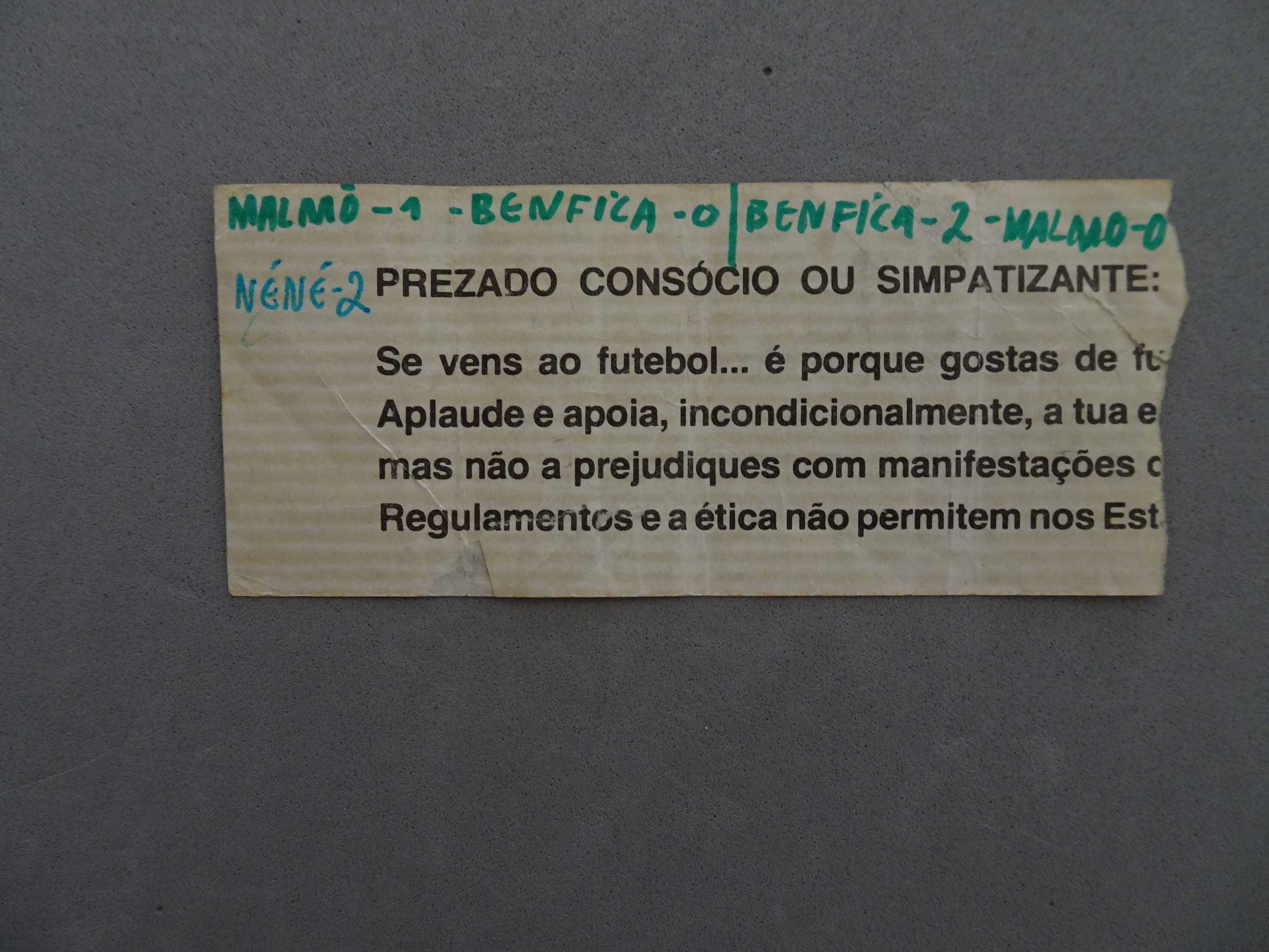 Bilhete futebol Benfica Malmo (Suécia) 5 novembro 1980