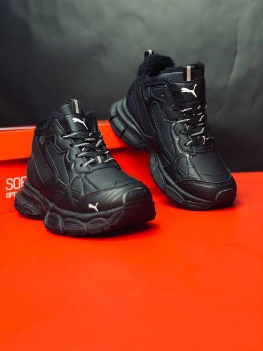 Кожаные кроссовки зимние Пума / Спортивные ботинки Puma кожаные черные