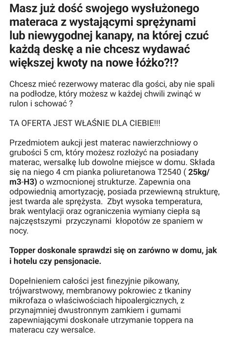 Materac na łóżko ,topper 140*200