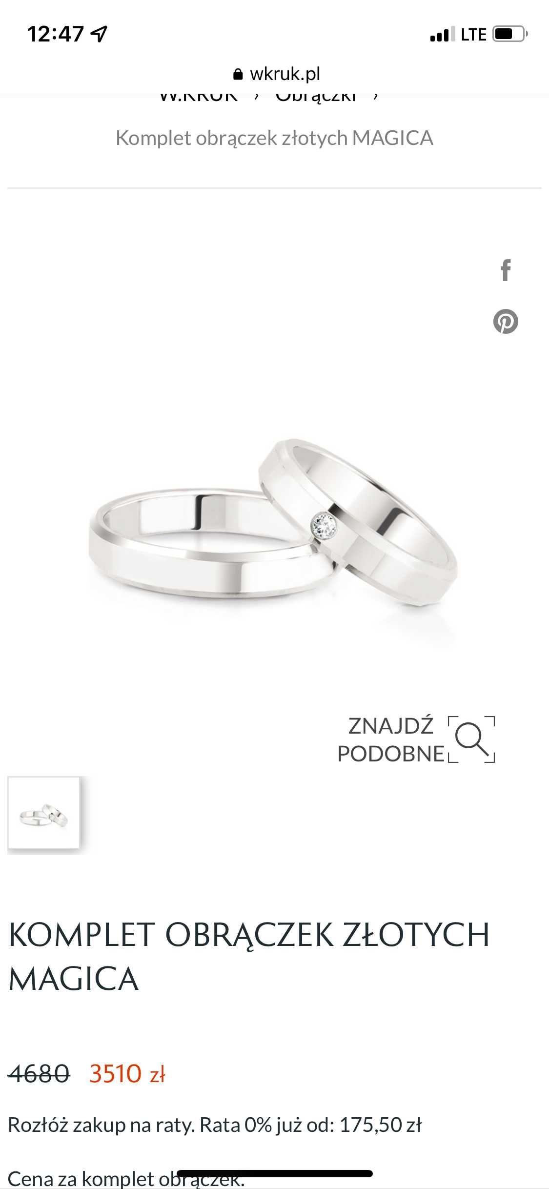 Obrączki białe złoto W.Kruk diament komplet