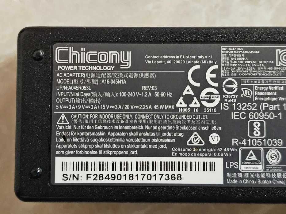 Блок живлення Chicony 45Вт USB Type-C з підтримкою Power Delivery (PD)