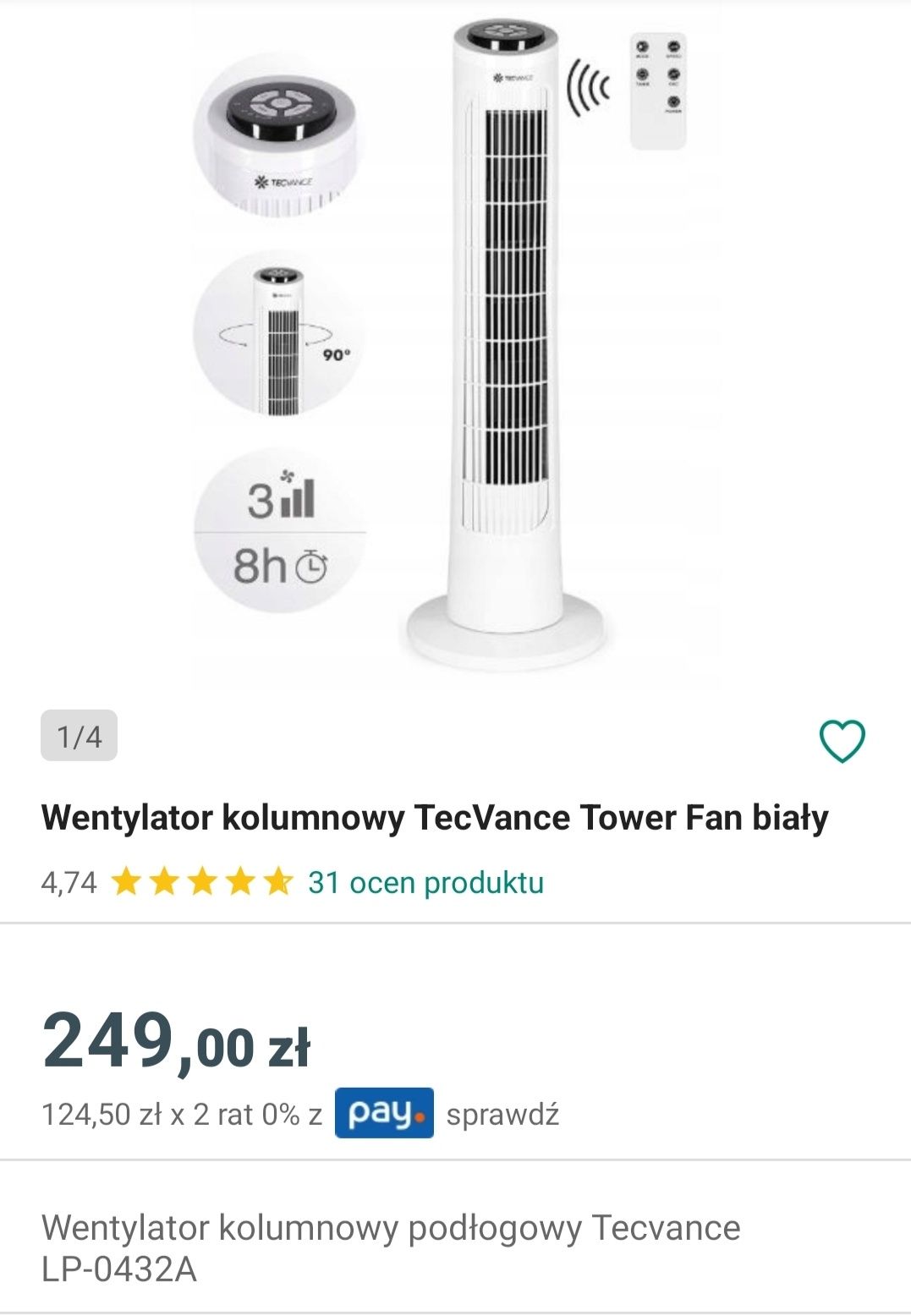 Wentylator kolumnowy podłogowy TecVance Rower Fan biały