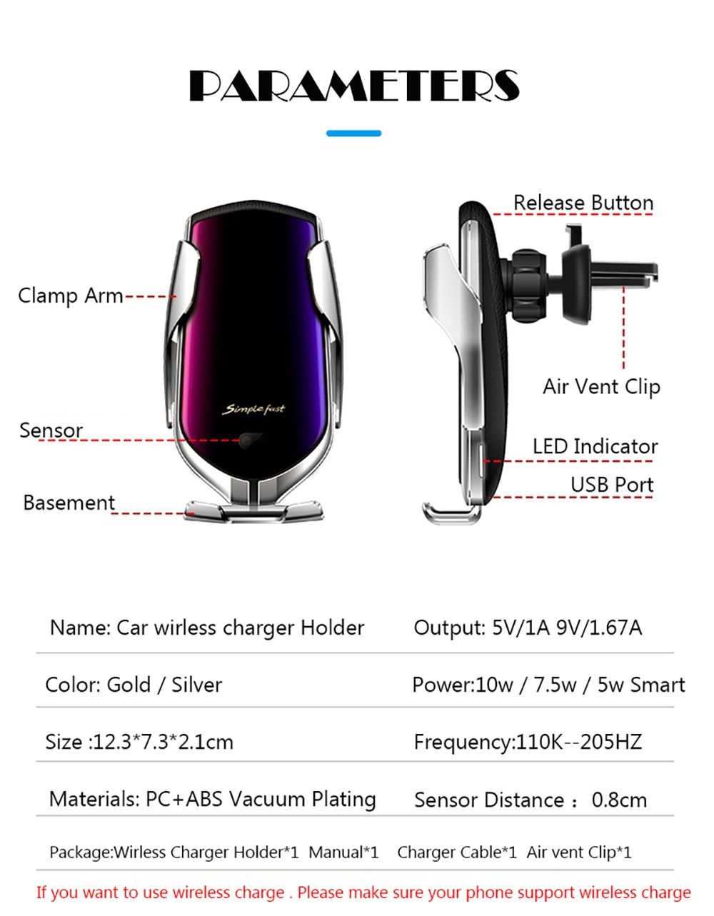 Carregador Wireless sem fios Qi com Suporte para Carro 10w SELADO