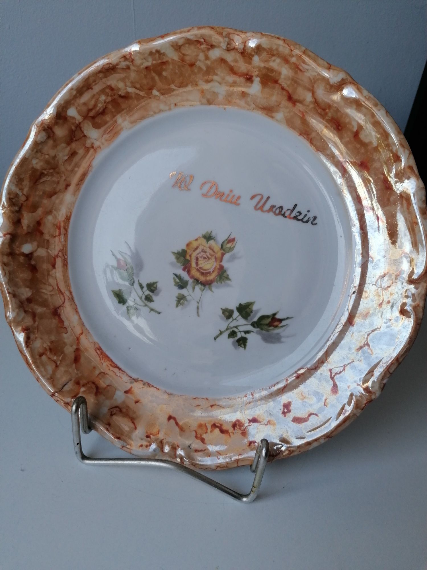 Stary porcelanowy talerz patera Pamiątka PRL w dniu urodzin