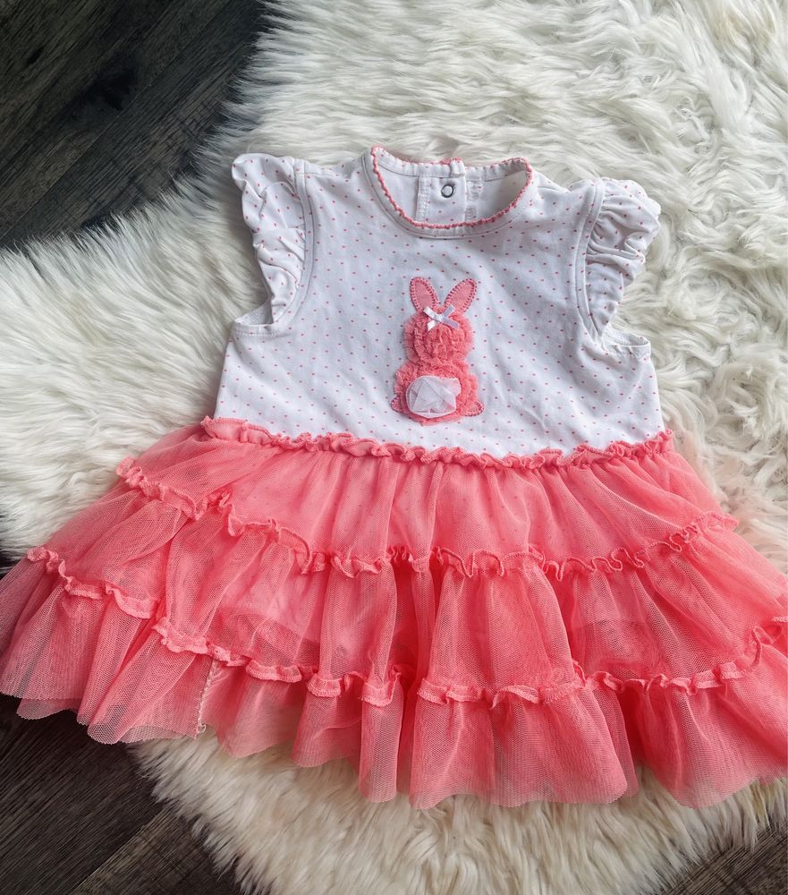 Sukienka body łososiowa tiul kropki elegancka rozkloszowana 68 74 lato