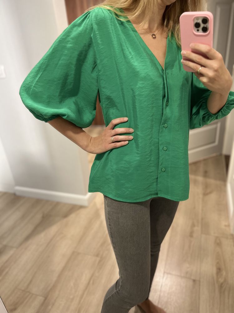 Elegancka, zielona bluzka bufiaste rękawy modal lc waikiki r. 42
