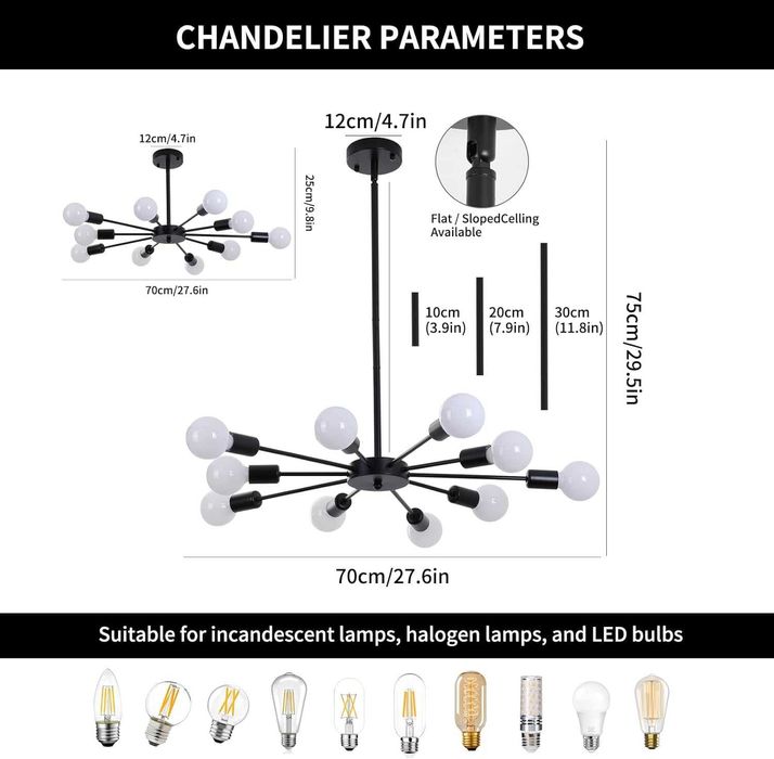 JIINOO Żyrandol sufitowy czarny 10xE27