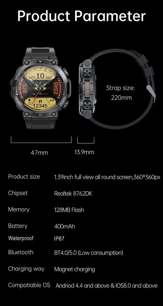 SmartWatch Męski
sportowy super bateria 400mAh Menu PL