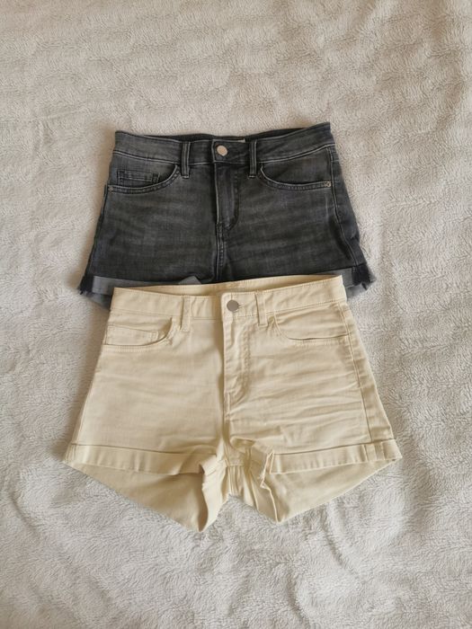Krótkie spodenki szorty jeansy damskie kremowe szare lemon zestaw