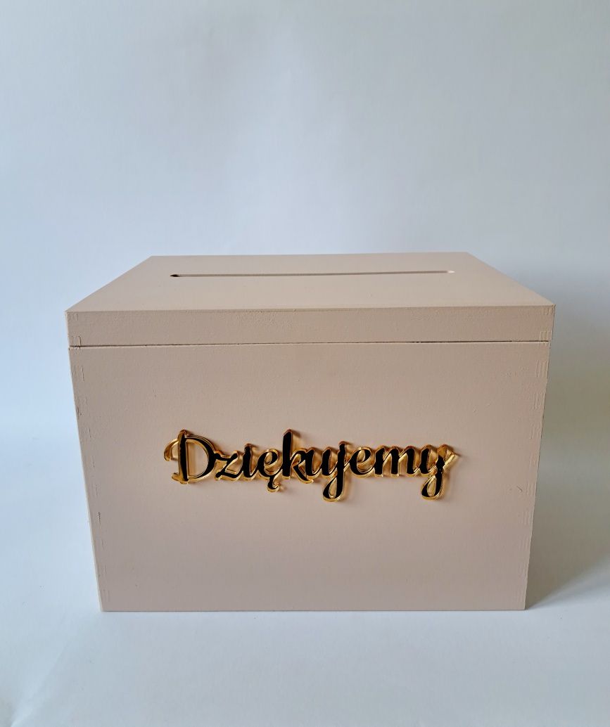 Beżowe pudełko na koperty skrzynka lustrzany złoty napis wesele ślub