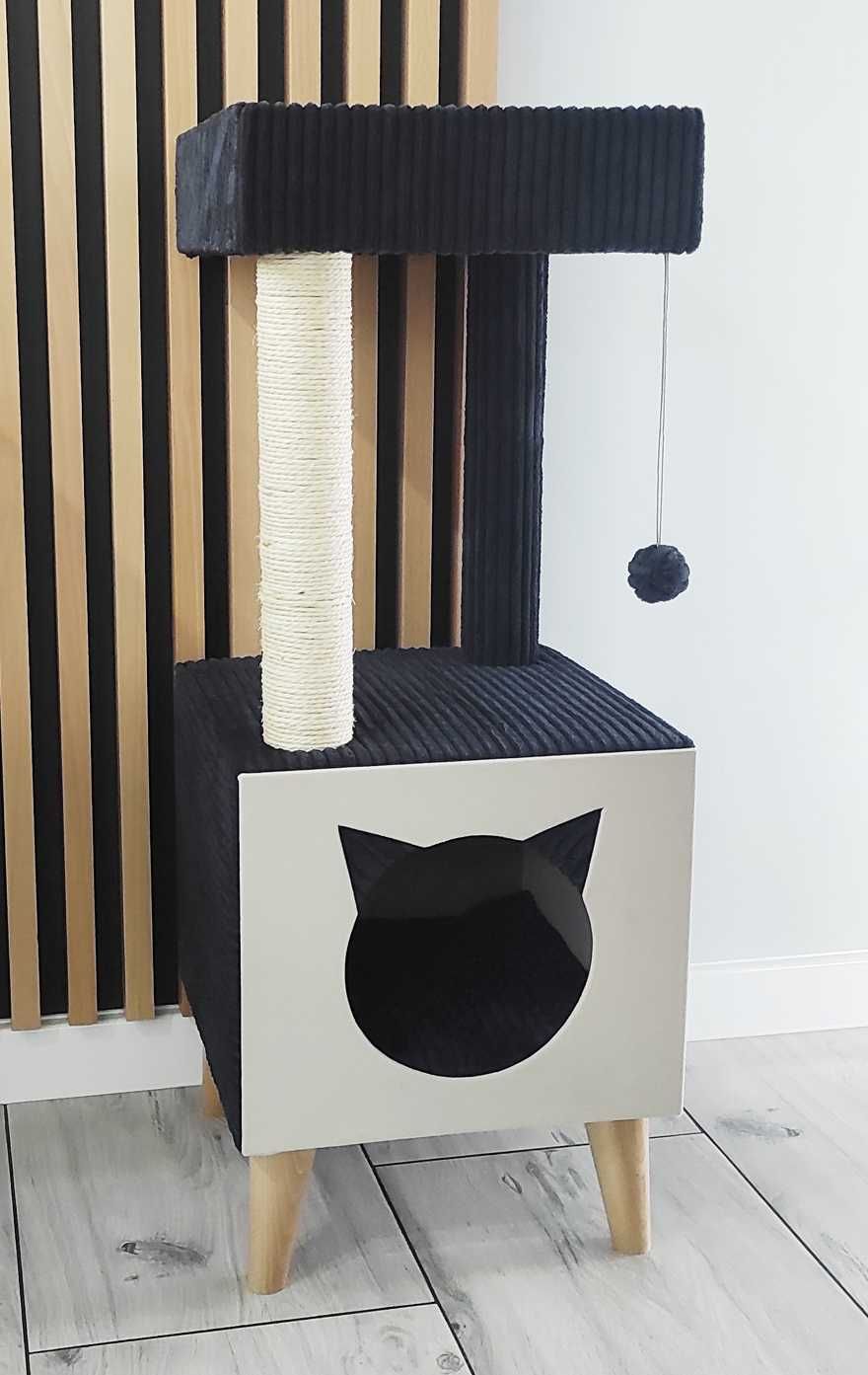 Czarny duży Drapak dla kota legowisko z poduszka sizal skandynawski