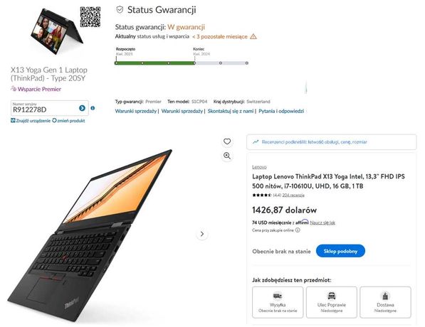 ThinkPad Yoga x13 i7-10gen 16GB Dotyk Gwar. z 1400USD