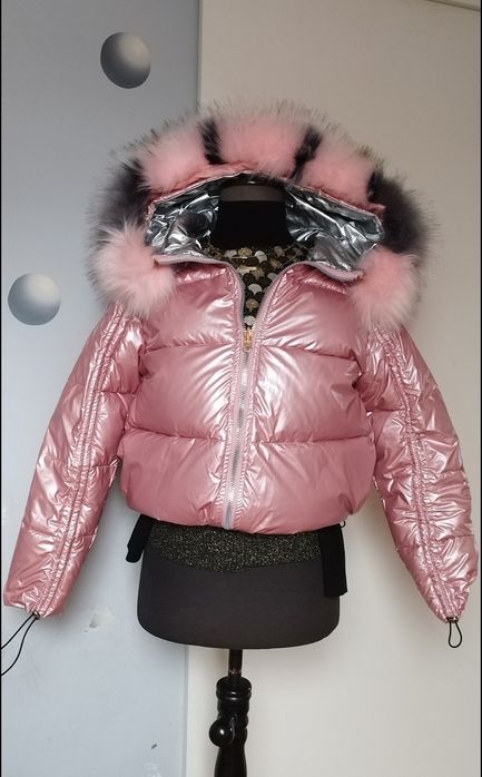 Kurtka dwustronna lakierowanea młodzieżowa srebrna różowa z kapturem