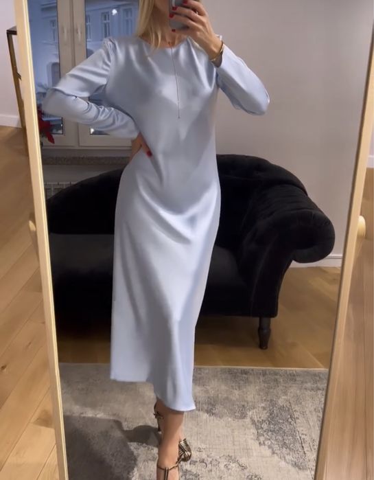 Шелковое длинное платье, голубое и хаки