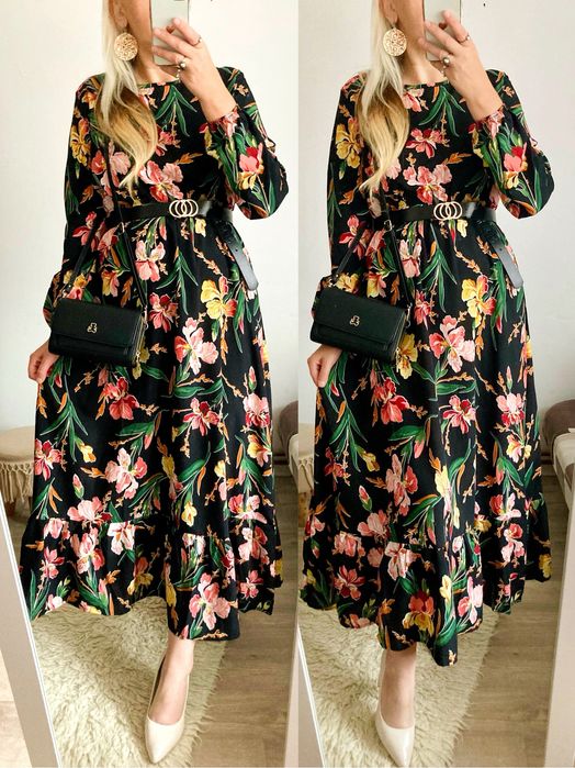 Sukienka Damska w czarna kwiaty długa imprezowa L