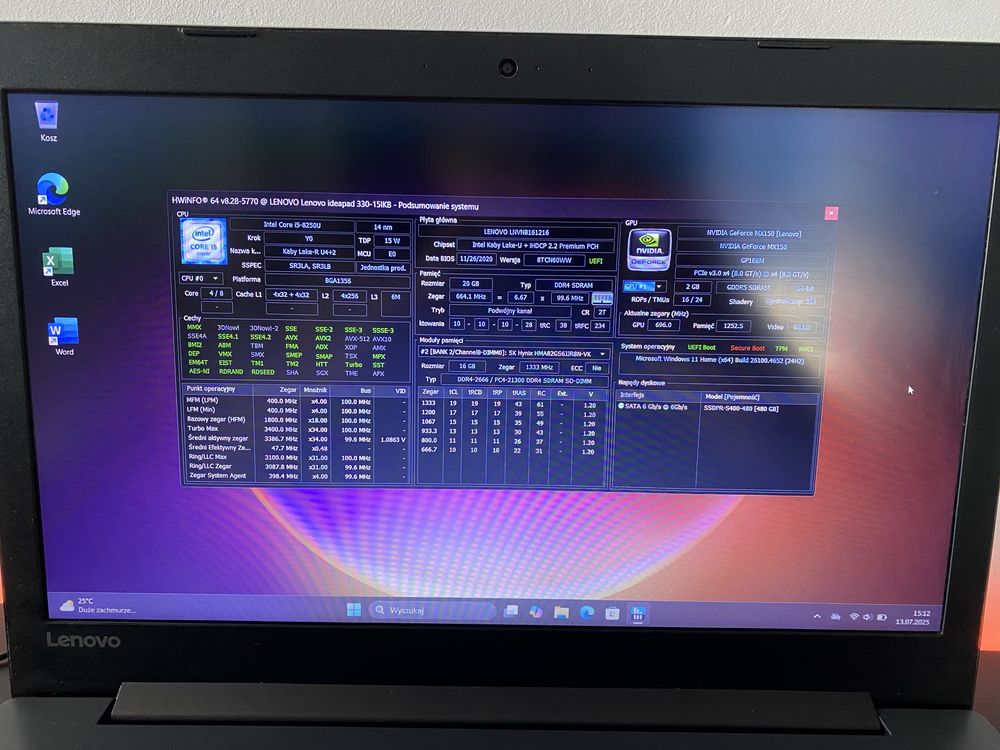 Laptop do gier | i5-8250U 16GB RAM SSD 512GB MX150 Windows 11 | Office