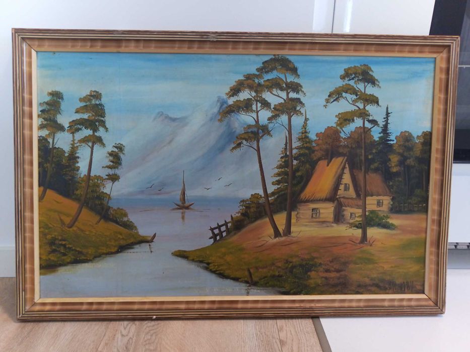 Obraz olejny Chata nad Jeziorem / MK 1984 / drewniana rama / 86 x 56,3