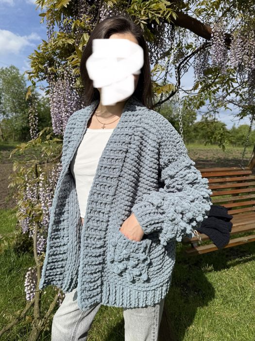 Кардиган ручної роботи, светр синьо-сірий