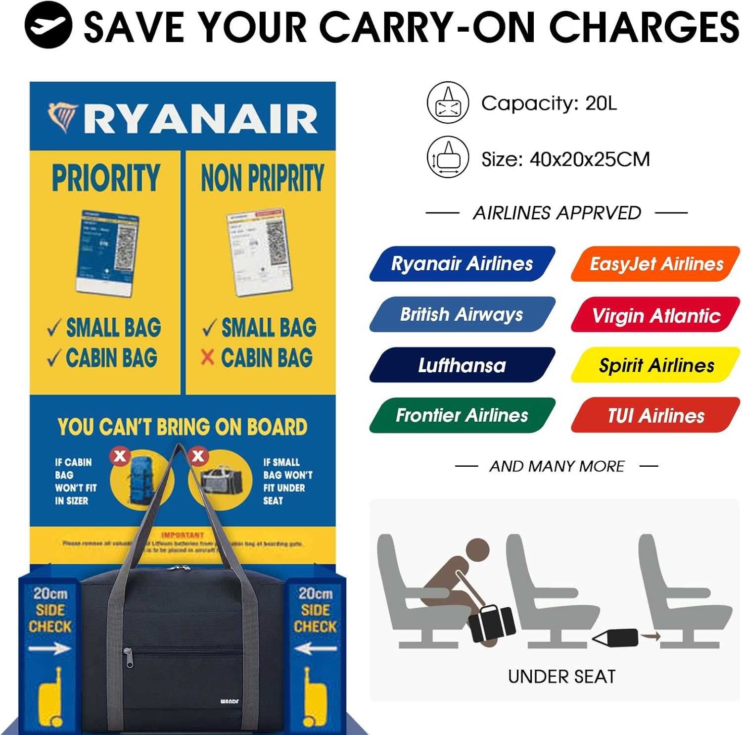 Plecak Torba Ryanair WizzAir Bagaż Podręczny 40x20x25 RÓŻNE KOLORY 2OL
