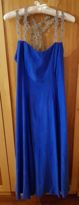 Vestido em seda azul magenta/ciano com alças prateadas